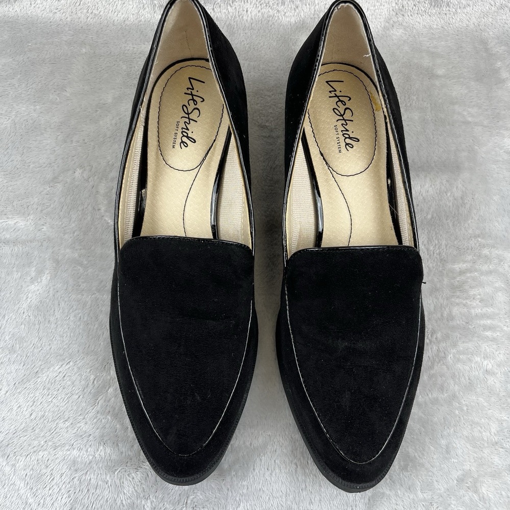 Life Stride Devyn Sz 9W Soft System Black Faux Suede Pump Shoe‎ 2" Block Heel